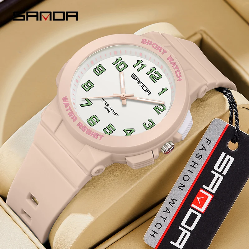 Sanda 6123 Trendy Design Soft Student Watch TPU Strap 50M Depth Waterproof Quartz Movement Children Fashion Sports Wrist Watch