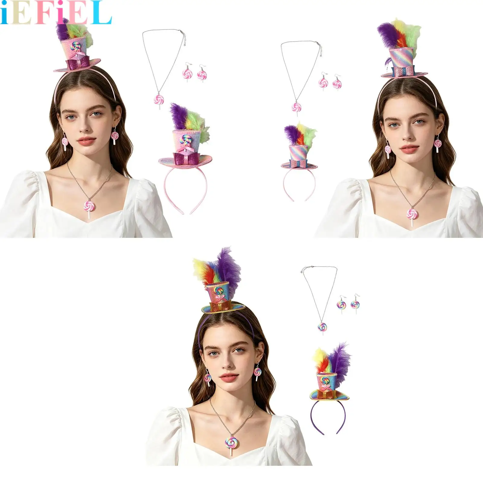 

Women Candyland Costume Sets Candy Cake Sparkly Sequins Feathered Headpiece And Earrings for Dance Performance Accessories