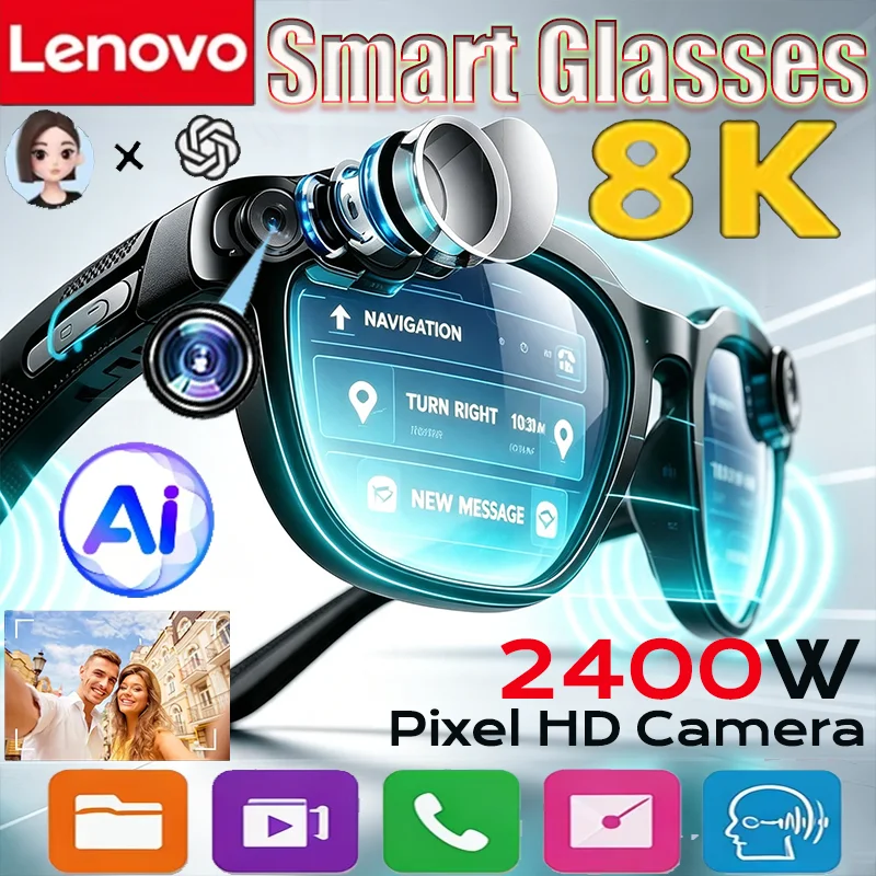 Image of Lenovo 8K AI 1600MP Smarte Kabellose Brille Bluetooth-Sonnenbrille Fernbedienung Touch-Fotoaufnahme Übersetzer Sprachassistent
