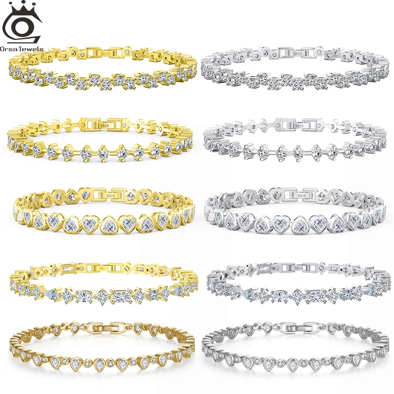 

ORSA JEWELS Sparkling Tennis Bracelet Round Cubic Zircon Genuine 925 Sterling Silver Original Fashion Party Hand Jewelry SB163