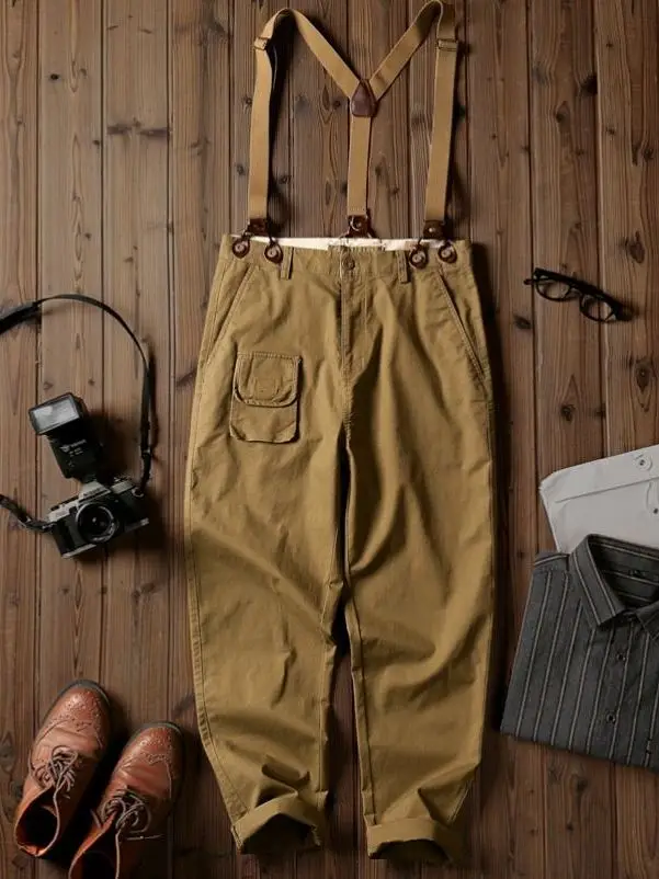 

Vintage Straight Leg Overalls Men's American Workwear Utili Pants Khaki Loose Fit High Waist Youthful Energy Resistant Crease