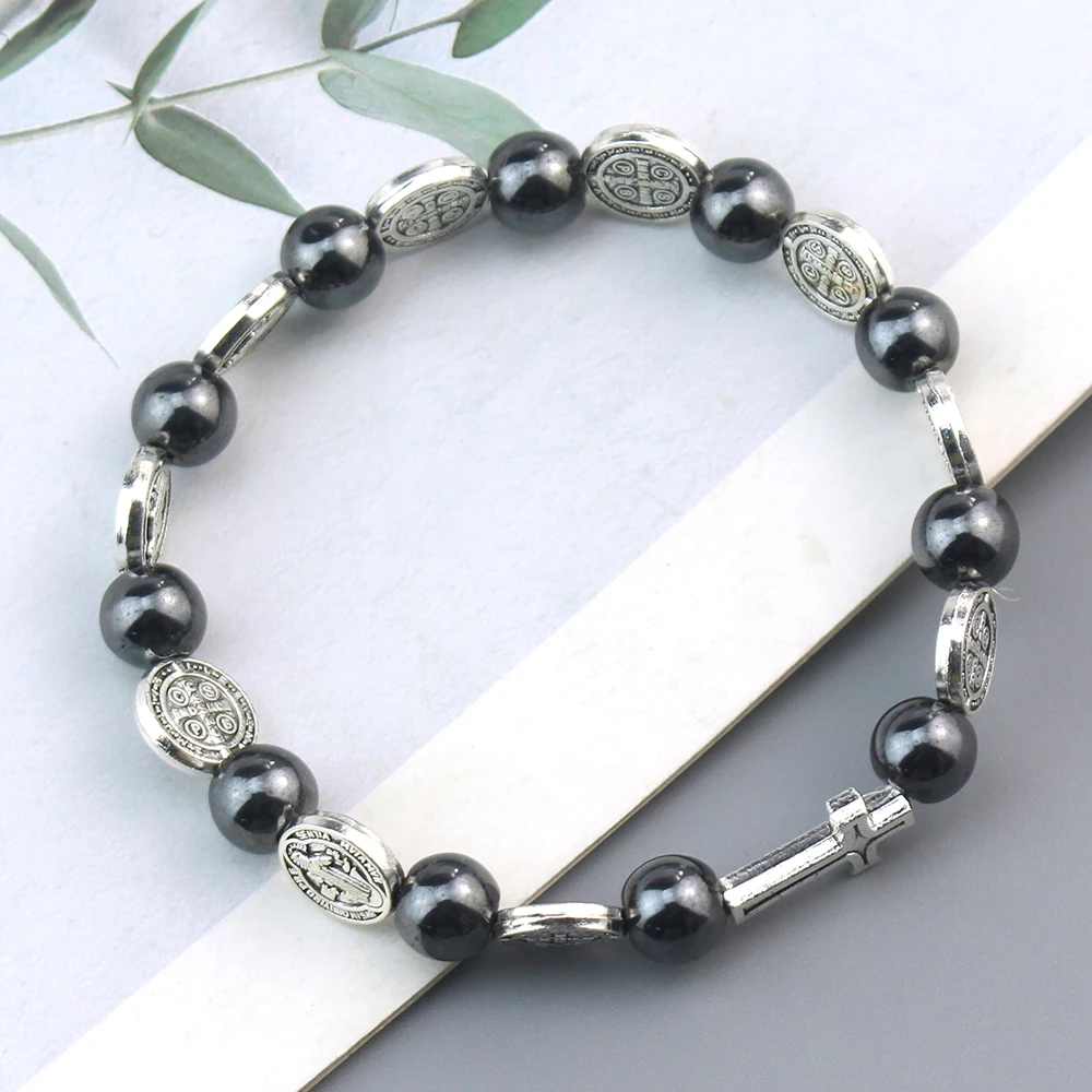 Catholic Rosary Bracelet St. Benedict Medal Cross Prayer Bracelets Hematite Beads Religion Jewelry Accessories image 6