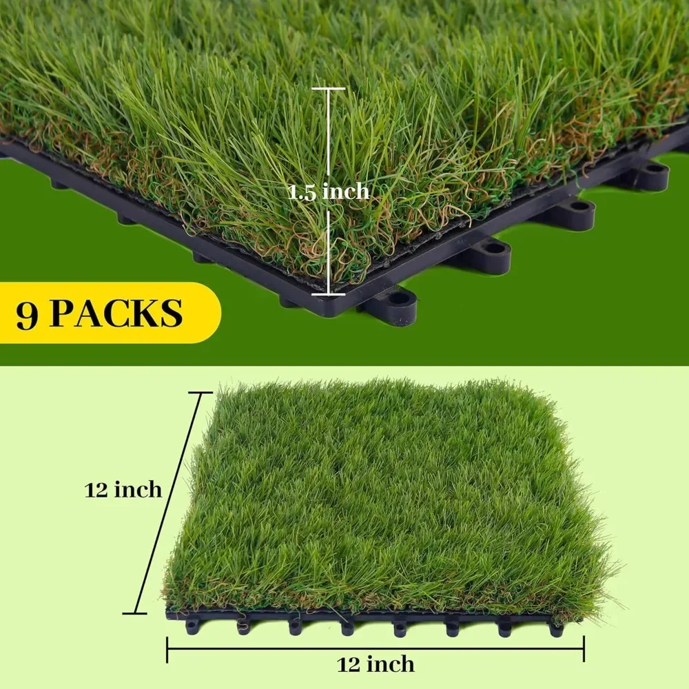 Turf Grass, Artificial Grass, Tile Interlocking and Self-Draining Mat for Patio, Indoor Outdoor,1x1 ft, 1.5 in Pile Height