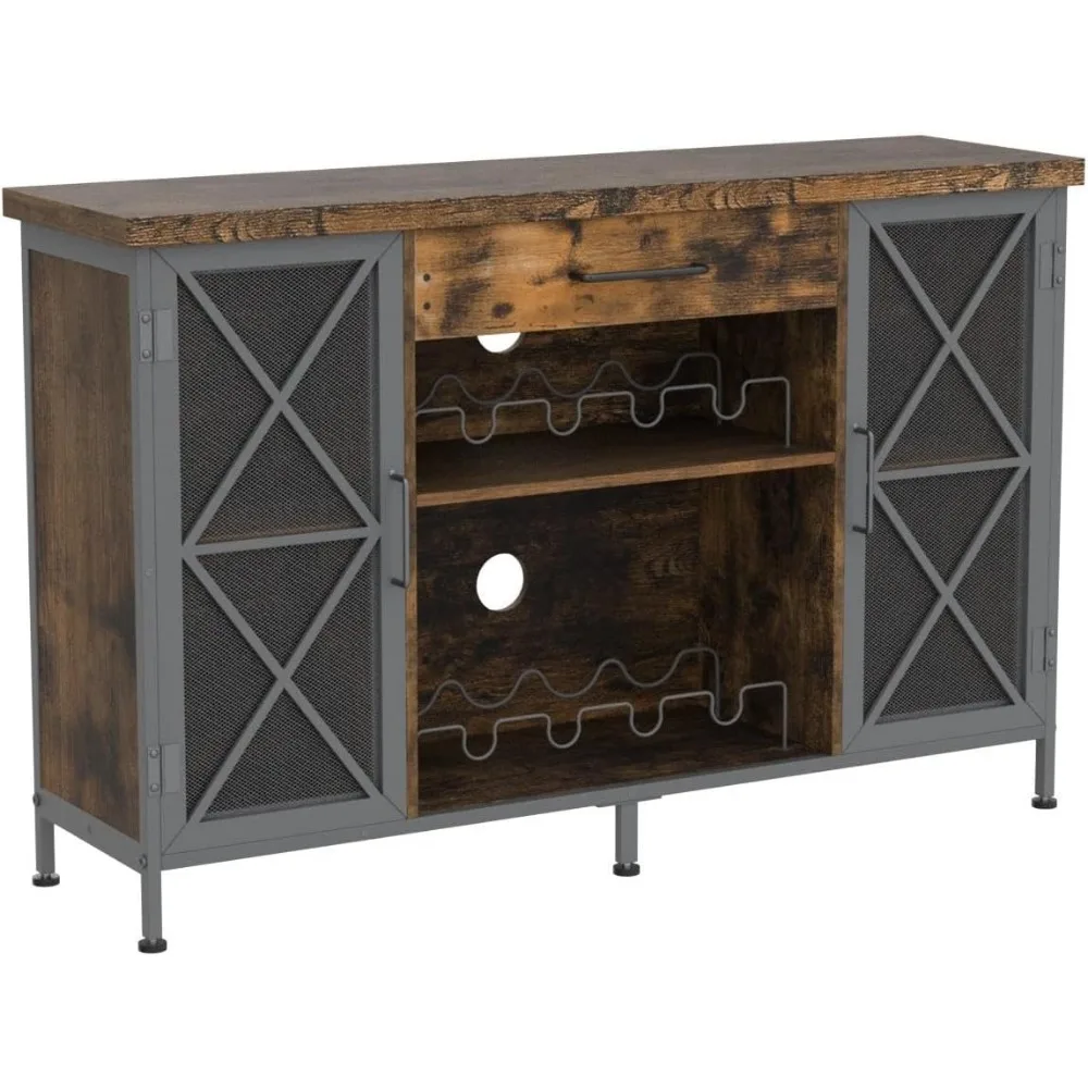 Wine Bar Cabinet with Wine Rack and Glass Holder, Farmhouse Coffee Bar Cabinet for Liquor and Glasses,  Rustic Brown