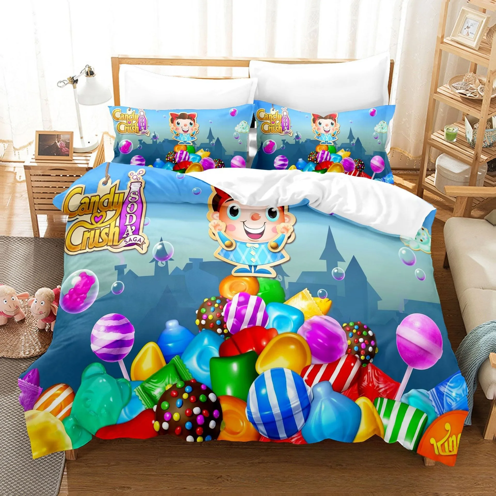 Conjunto de roupa de cama Candy Crush Saga, capa de edredom, fronha, decoração de quarto para adultos, meninos e meninas, tamanho grande, solteiro, casal