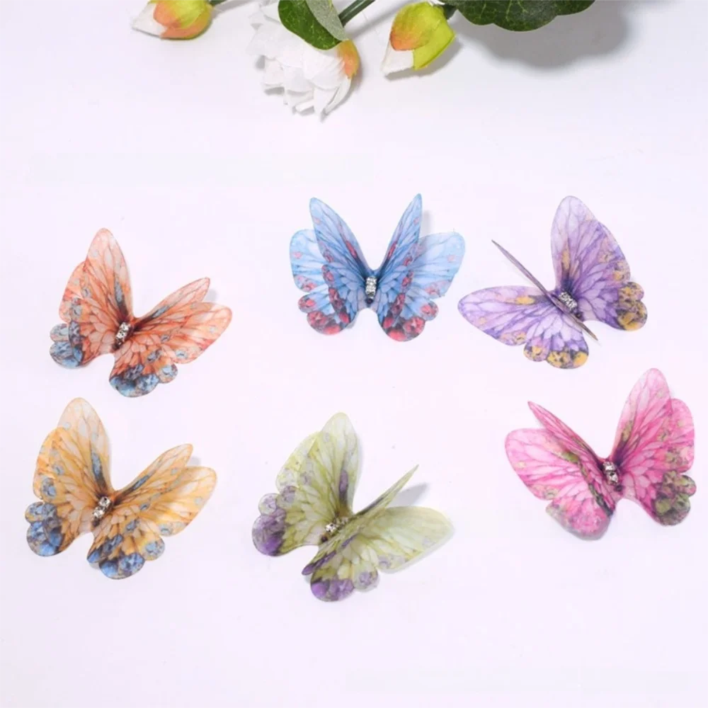 50Pcs 3D Organza Fabric Butterfly Appliques Double-layer Colorful Simulation Mesh Butterfly Patch Translucent
