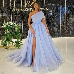 Musetta Sky Blue Organza Formal Evening Dresses One Shoulder Sexy Side Split Puff Tulle Long Party Dress A-Line Prom Dresses