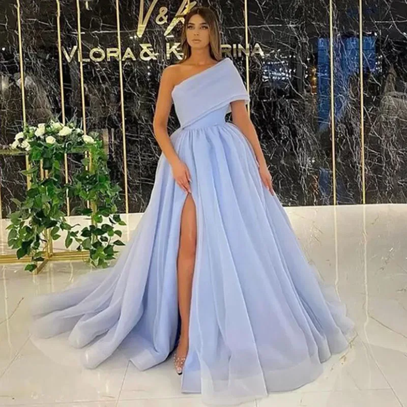 Musetta Sky Blue Organza Formal Evening Dresses One Shoulder Sexy Side Slit Puff Long Party Dress A-Line Prom Dresses Customized