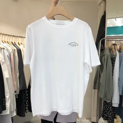 Fashionable Letter Print Medium Length Pure Cotton Short Sleeved T-shirt 2024 Summer New Ins Top for Women's Clothing