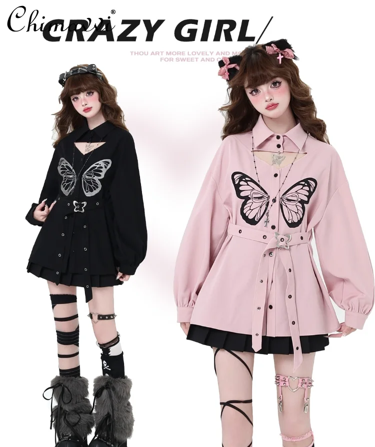 

Original Sweet Cool Japanese Asian Culture Embroidered Butterfly Long Sleeve Shirt Autumn New Sweet Girl Slim Fit Kawaii Blouse