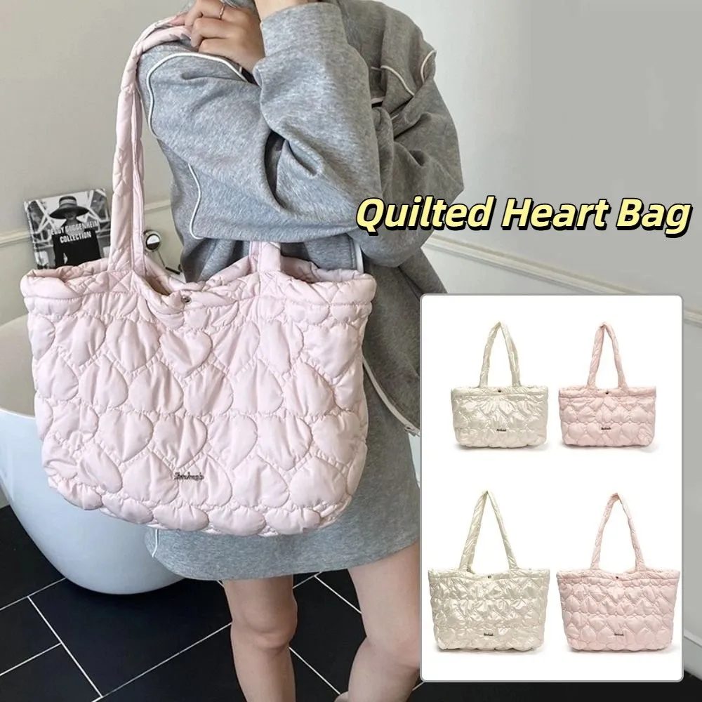 

Fashion Solid Color Puffy Tote Bag Large Capacity Korean Quilted Heart Bag Waterproof Leisure Women's Handbag Underarm Bags