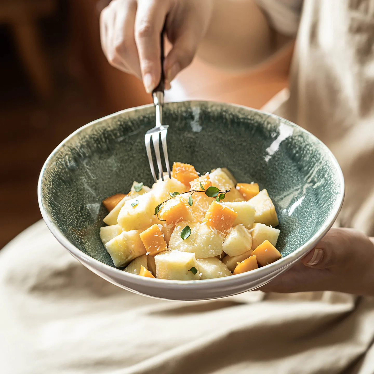 

Винтажная керамическая чаша с зеленой глазурью, фарфоровая посуда с открытым ртом для дома, кухни, салата, супа рамен