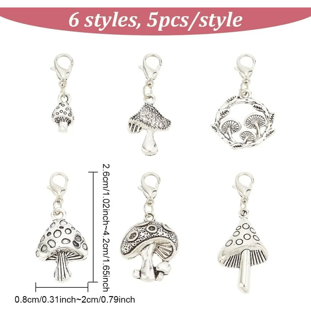 30 Pcs 6 Styles Mushroom Zipper Pull Charms Tibetan Style Alloy Zipper Pendant Antique Silver Platinum Pull Zipper Pull for Bag