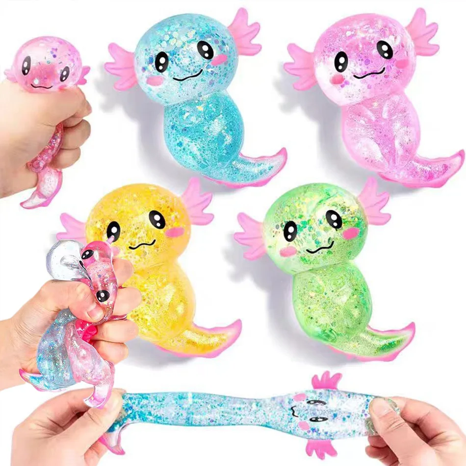 Axolotl Squishy, TPR Slow Rebound Stress Relief Toy, Crystal Soft Glitter Macaron Multi-color Maltose Squishy