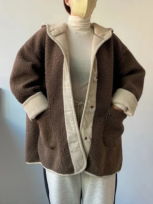 

Thiened Lamb Fur Leather And Fur Inteated Winter Coat Women's Loose Fit Hooded Color Blo Cotton down Jaet Coat