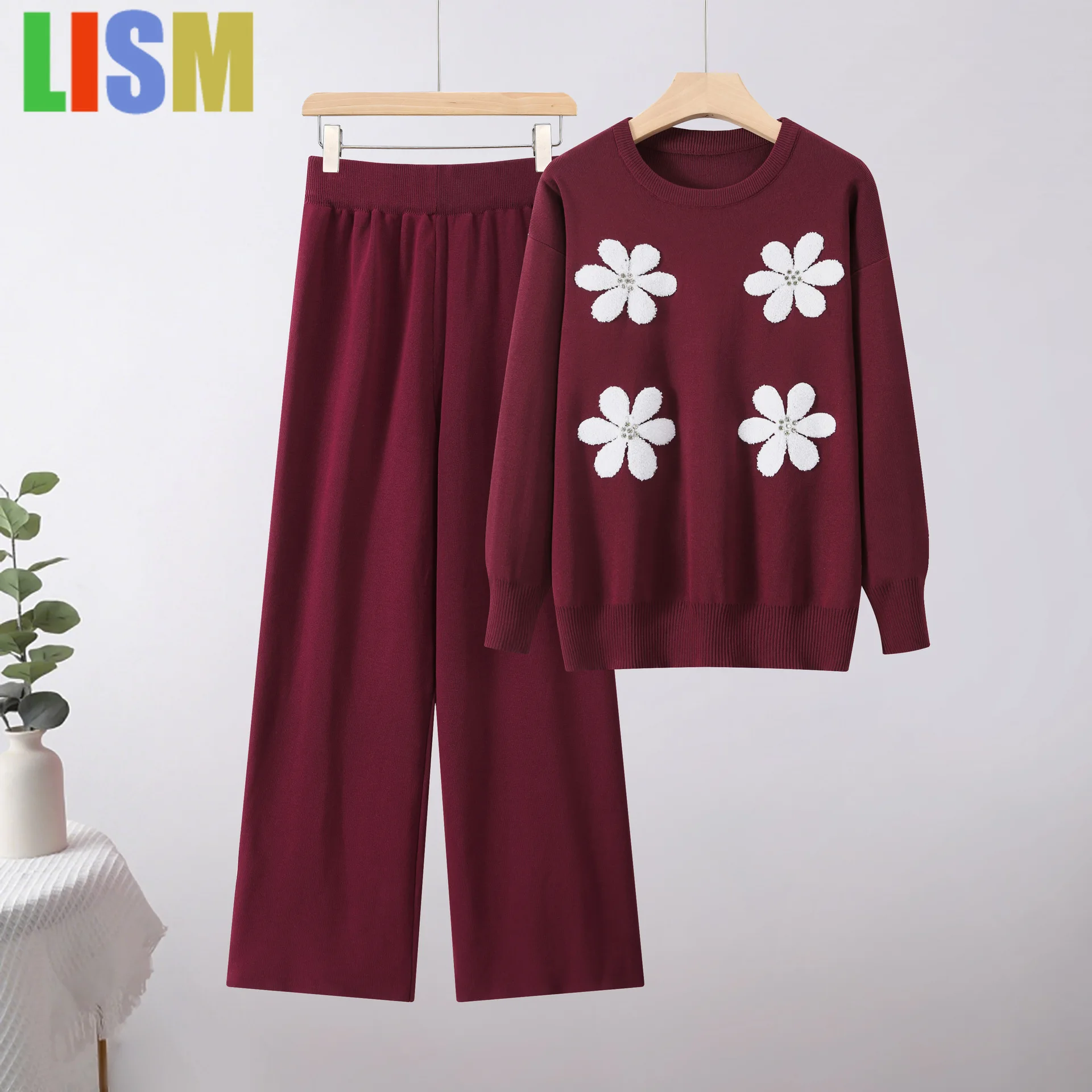 

LISM winter woman outfit Tracksuit Casual Knitted Set Pants Loose Sweater Wide Leg Pants Two Piece Set Embroidery flower