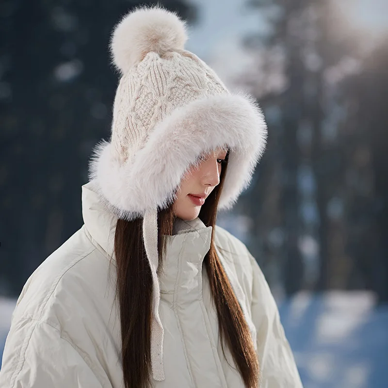 Chapéu de malha grosso de pelúcia feminino, proteção auricular, moda coreana, Versátil, Quente, Inverno, 2023