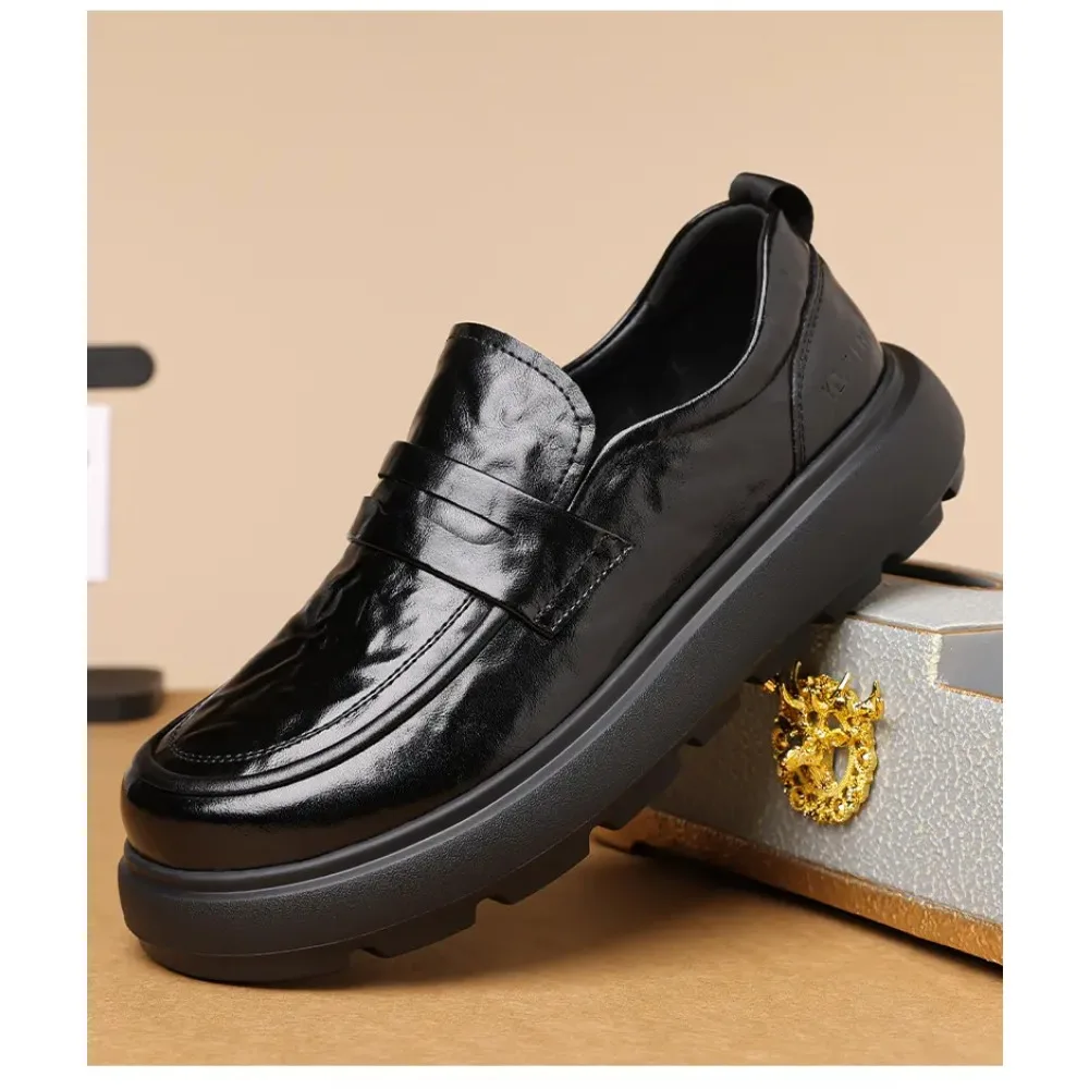 Vestido de boda informal de negocios para hombre, zapatos de cuero genuino, zapatos de plataforma sin cordones, mocasines negros y marrones, calzado transpirable para caballero