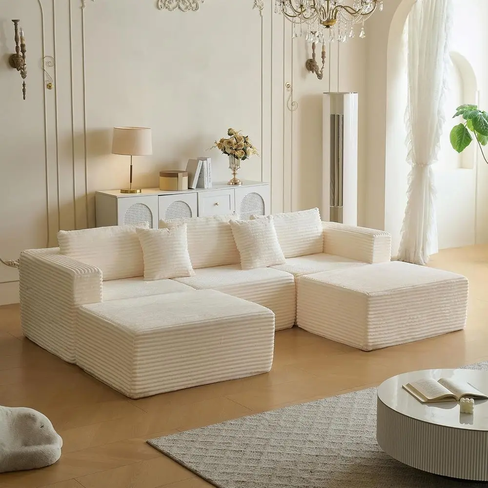 

11-Foot Sectional Sofa with 2 Ottomans, Cloud-Shaped Deep Seating, Luxury Corduroy, Ready to Use White