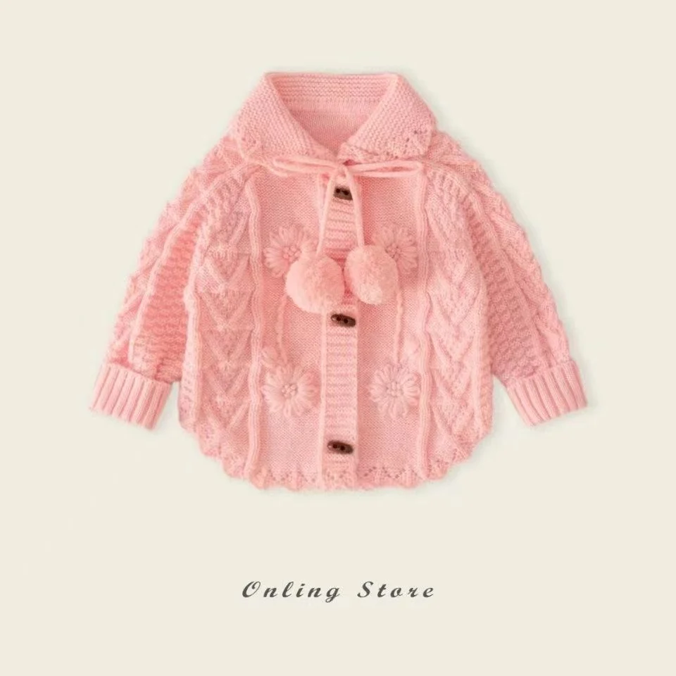 

Children's Sweater 2024 Autumn Edition New Girl's Stylish Retro Hook Flower Knitted Cardigan Coat Baby Fashion Coat