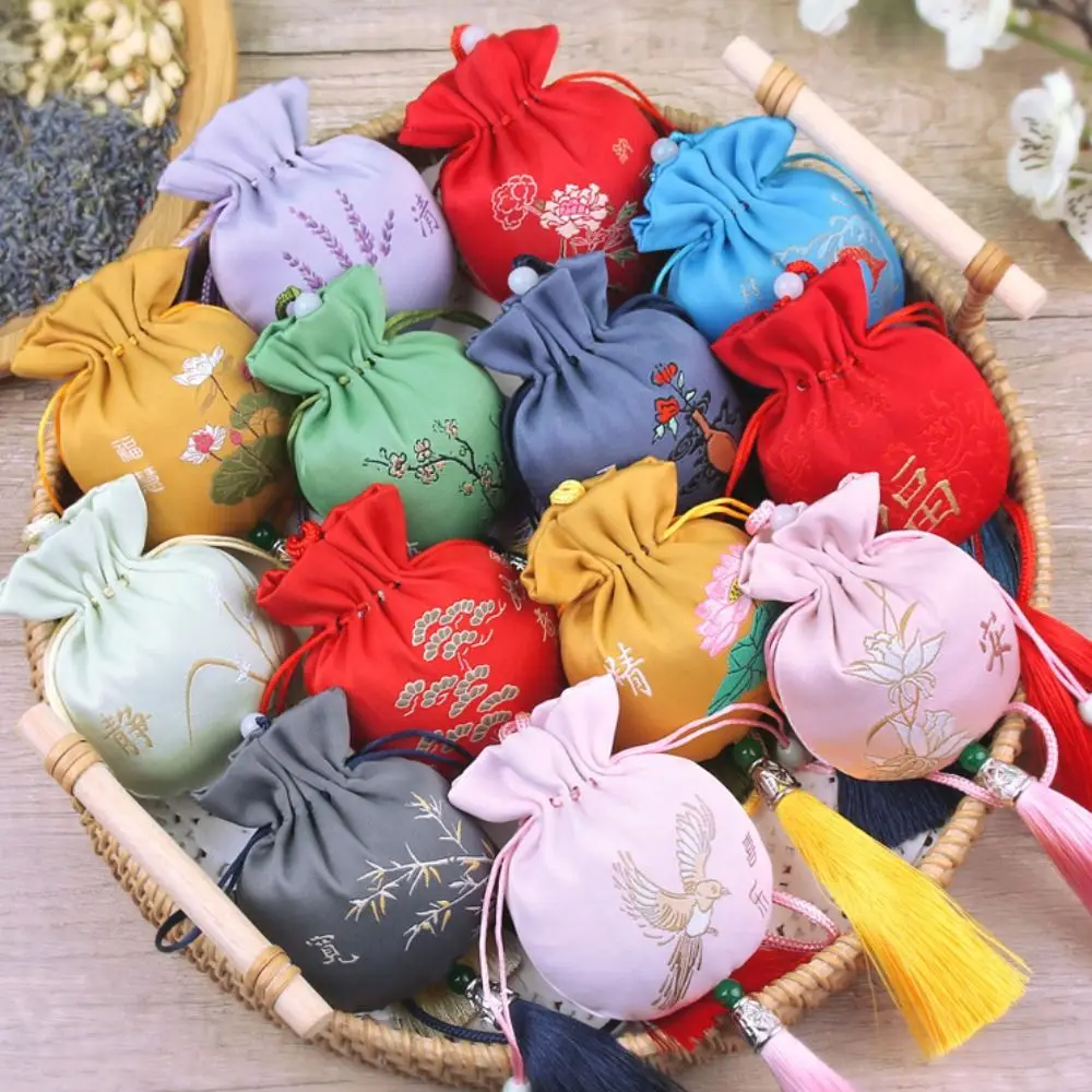 Bird Flower Tassel Drawstring Bag Mini Coin Purse Letter Canvas Ethnic Flower Handbag Gold Fish Storage Bag Jewelry Packing Bag