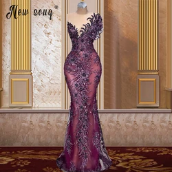 Luxury Evening Dresses Purple Dubai Formal Dress V Neck Mermaid Beads Applique Long Prom Gowns Robes Vestidos De Festa Plus Size