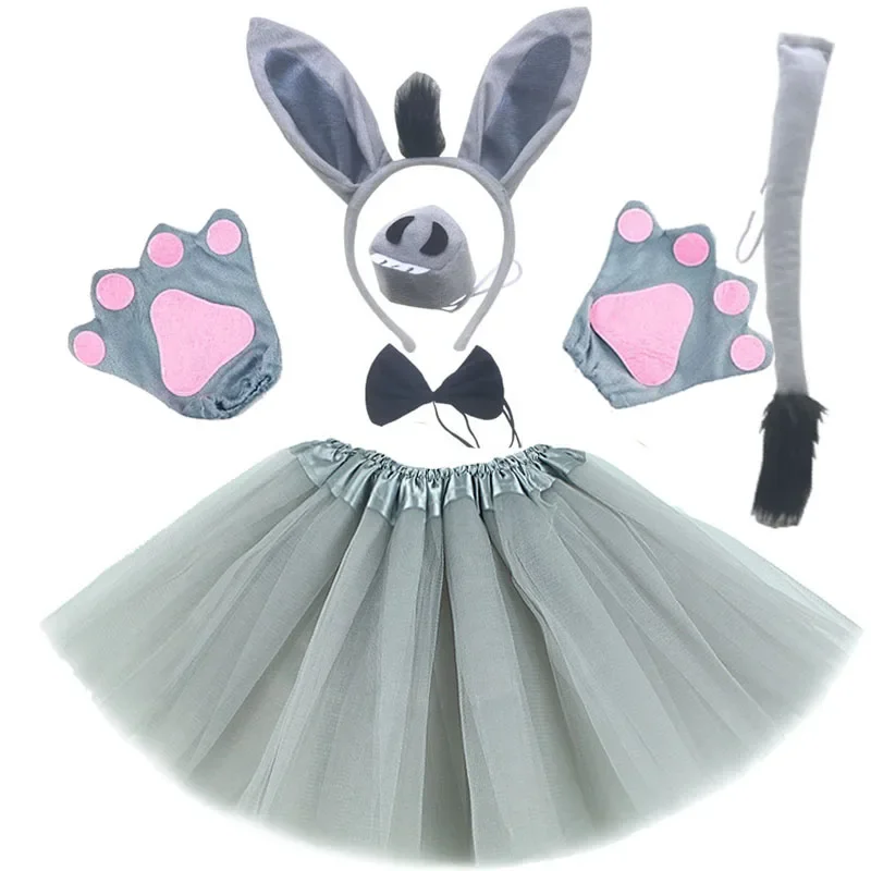  Fashion Funny Donkey Costume Set Bow Tie Tail Nose Donkey Headband Animal Props Birthday Halloween Costume Cosplay