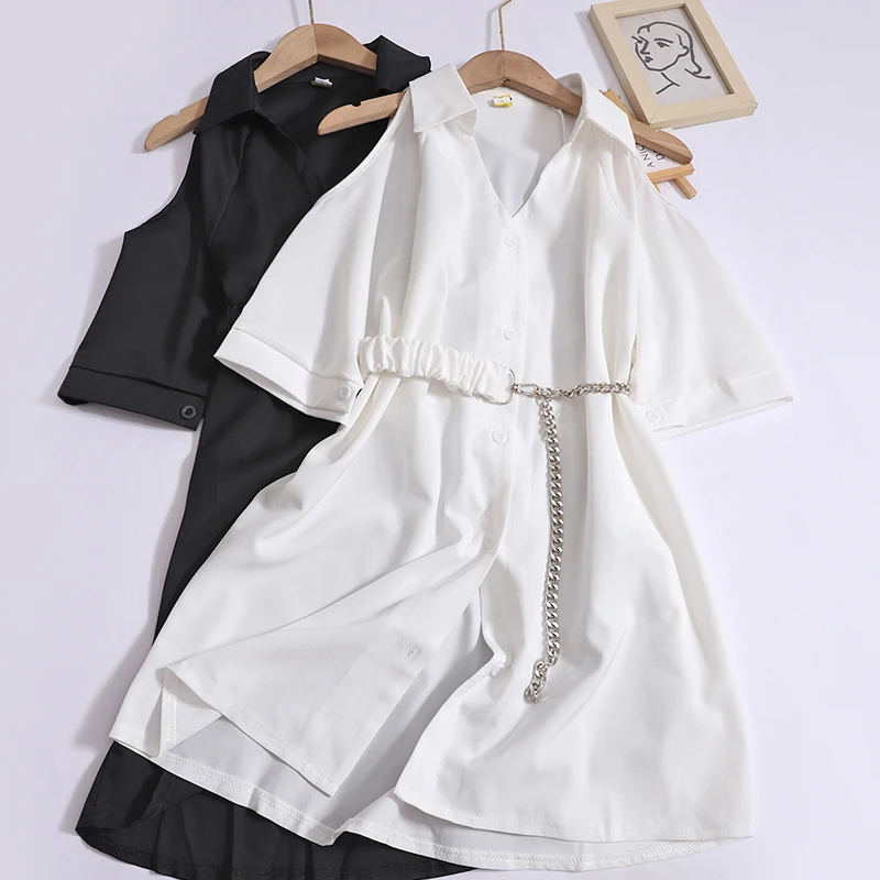 Off-the-shoulder Mid-length Shirt Women Spring Summer Casual Long Shirts Fashion Chain Shirt Dress