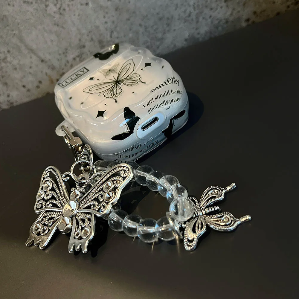 Llavero colgante de mariposa de Metal chapado en negro INS para Apple Airpods Pro 2 1 3 funda de lujo con borde trenzado transparente