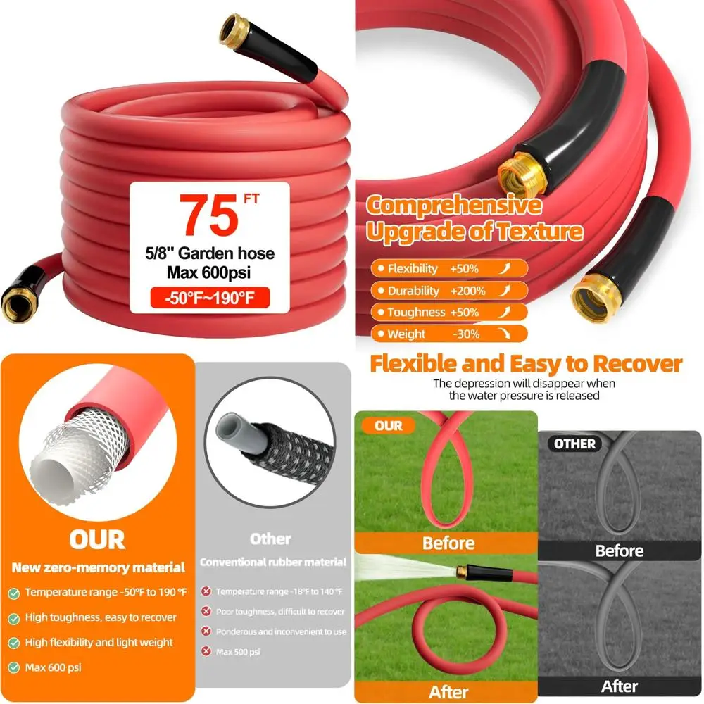 

Горячий/холодный сверхмощный шланг для сада -50 ℉ до 190 ℉ , Шланг для водного сада, 75 футов x 5/8 дюймов, 600 фунтов на квадратный дюйм, легкий и гибкий резиновый шланг