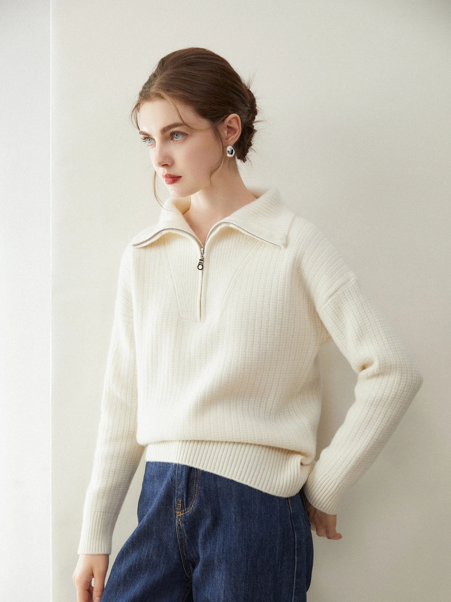 

Women Autumn Winter 100% Goat Cashmere Pullover Sweater Soild Half Zipper Lapel Collar Light Luxury Loose Knitted Tops High-end