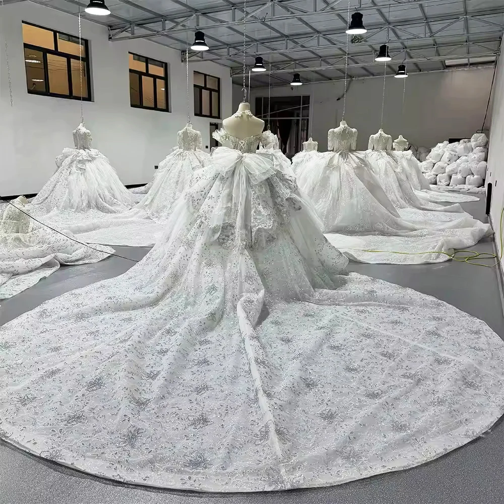 Vestidos Elegantes femeninos con hombros descubiertos, escote en forma de corazón, lazo con cuentas, vestido de novia de cristal, vestido de baile, vestido de novia largo de encaje