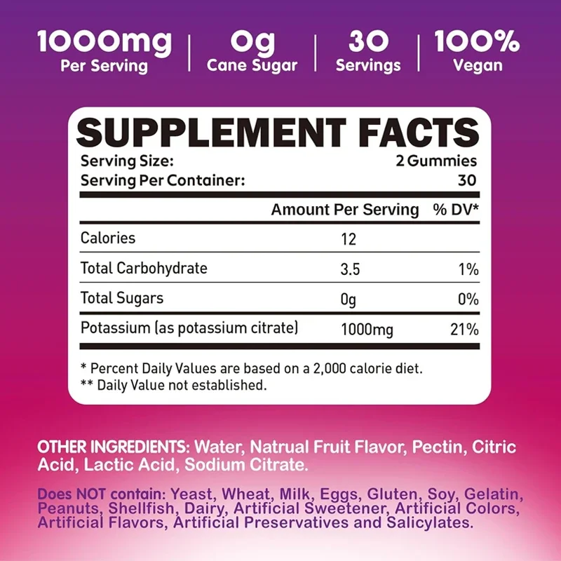 Citrate de potassium 1000 mg de gommes, supplément de potassium pour adultes et hommes, soutient les spasmes des jambes et la santé musculaire, 60 pilules