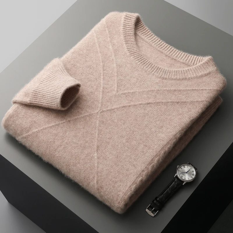 

Solid Color Tops Men's Autumn Winter Thick Pullover Chic O-Neck Casual Sweater 100% Pure Cashmere Soft Comfort Rhombus Knitwear