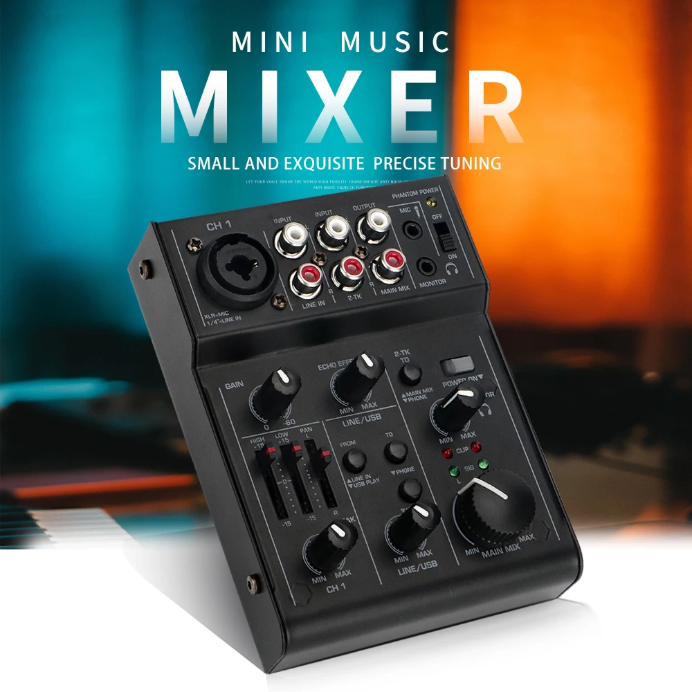 Mini mixer 5 channel Mic-Line mixer built-in echo effect digital audio live singing recording sound card mixer USB Powered