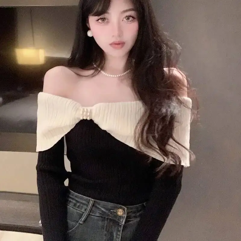 

BabYoung 232, осенняя новая облегающая футболка, винтажные сексуальные топы с открытыми плечами и жемчугом, женские трикотажные футболки с длинными рукавами Y2k