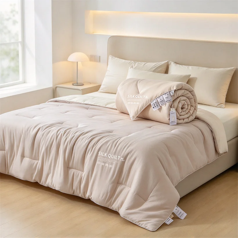 100% Long Strand Mulberry Silk Duvet for All Seaons Natural Silk Filling Quilt with Cotton Shell Fluffy Skin-friendly Comforter