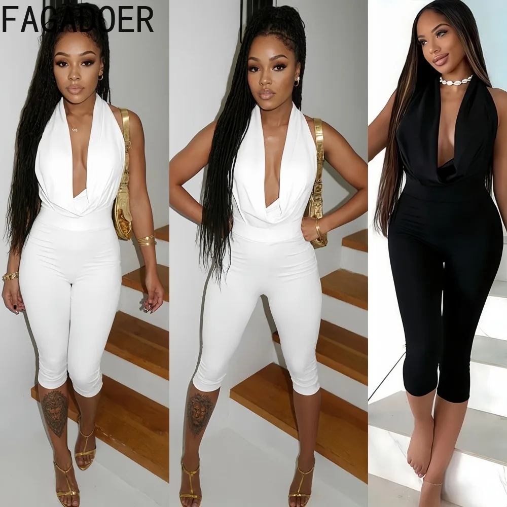 

FAGADOER Sexy Bandage Bodycon Jumpsuits for Woman Halter Deep V-neck Sleeveless Backless Rompers Female Streetwear Overalls New