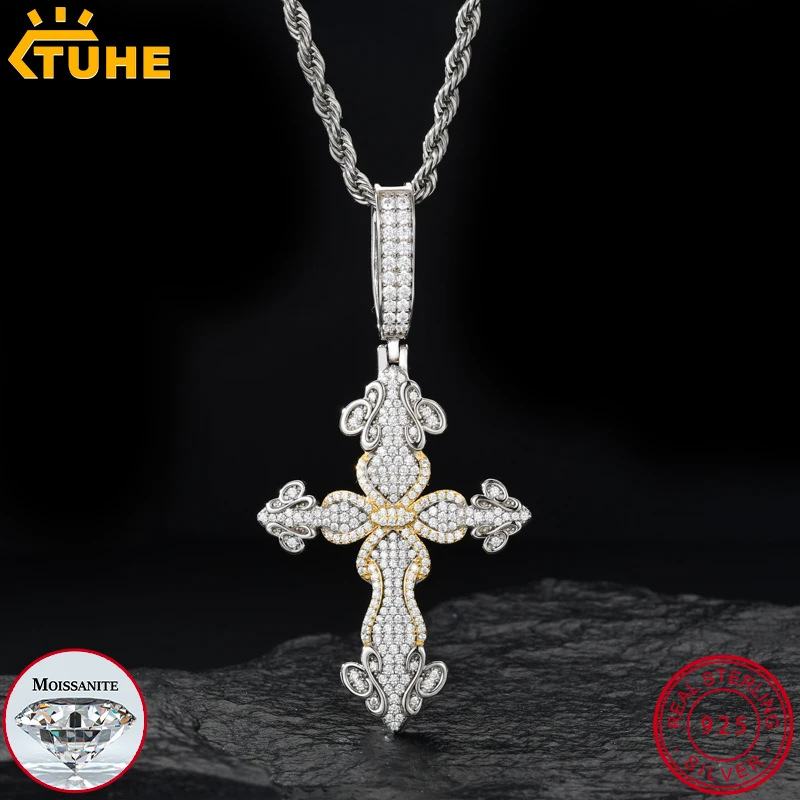 TUHE Unisex S925 New Cross Pendant Necklace Iced Out Moissanite Gold Silver Color Charm For Men Hip Hop Fine Jewelry