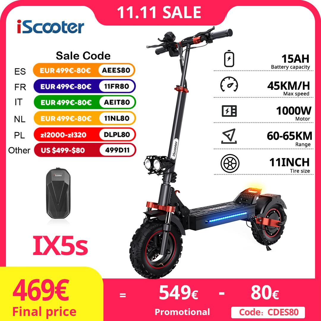 iScooter ix5s 1000W Powerful Electric Scooter 15AH Battery Adult Electric Scooter 45km/h Electric Kick Scooter