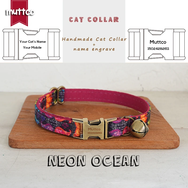 MUTTCO Retailing engraved beautiful self-design personalized cat collars vegetable pattern NEON OCEAN collar  2 sizes UCC210