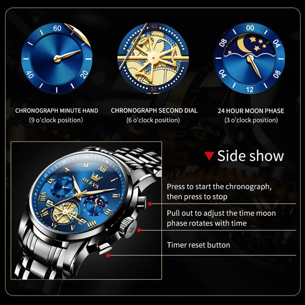 OLEVS Business Mens Watches Classic Roman Scale Dial Luxury Wrist Watch for Male Original Quartz Waterproof Luminous Chronograph