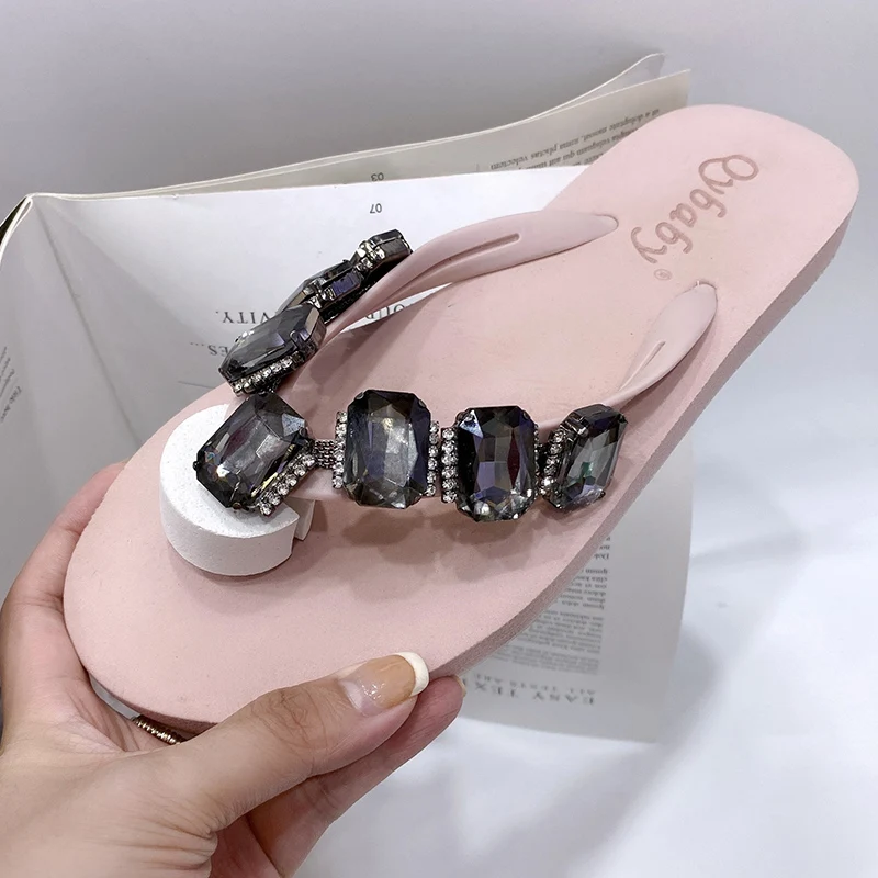 Fashion Women Summer sexy Slippers Grey Rhinestones Decoration Sandals Outside Non-Slip Slides Flip Flop Casual Shoes Female