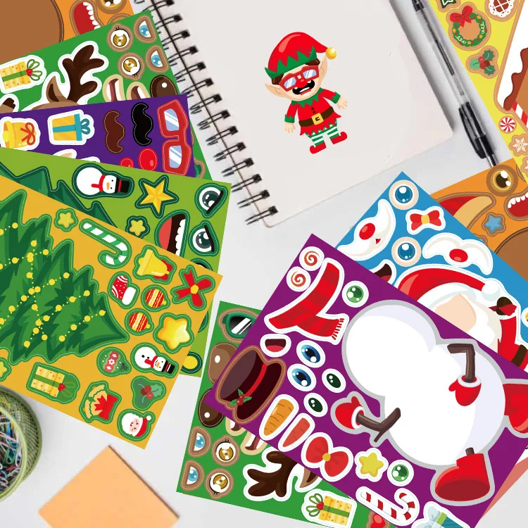 8 Sheets Christmas Puzzle Stickers Create Your Own Santa Claus Make a Face Kids Jigsaw Games Children Party Cartoon Anime Toy