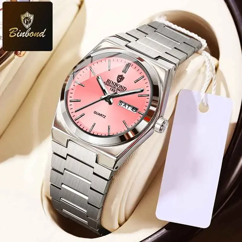 BINBOND العلامة التجارية الفاخرة أزياء المرأة كوارتز ساعة جديدة الفولاذ المقاوم للصدأ الرياضة الأصلية للماء ليلة ضوء التاريخ السيدات ووتش