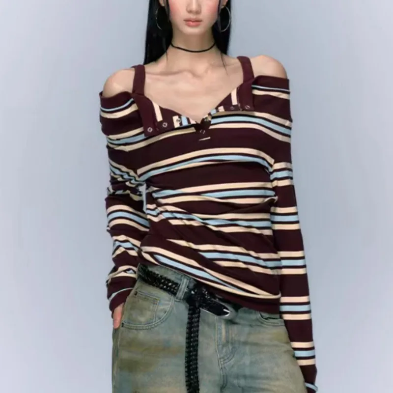HKSH T-shirt per donna Color Block a righe con spalle scoperte a maniche lunghe dimagrante elegante High Street Sweet Cool Casual Top HK10743