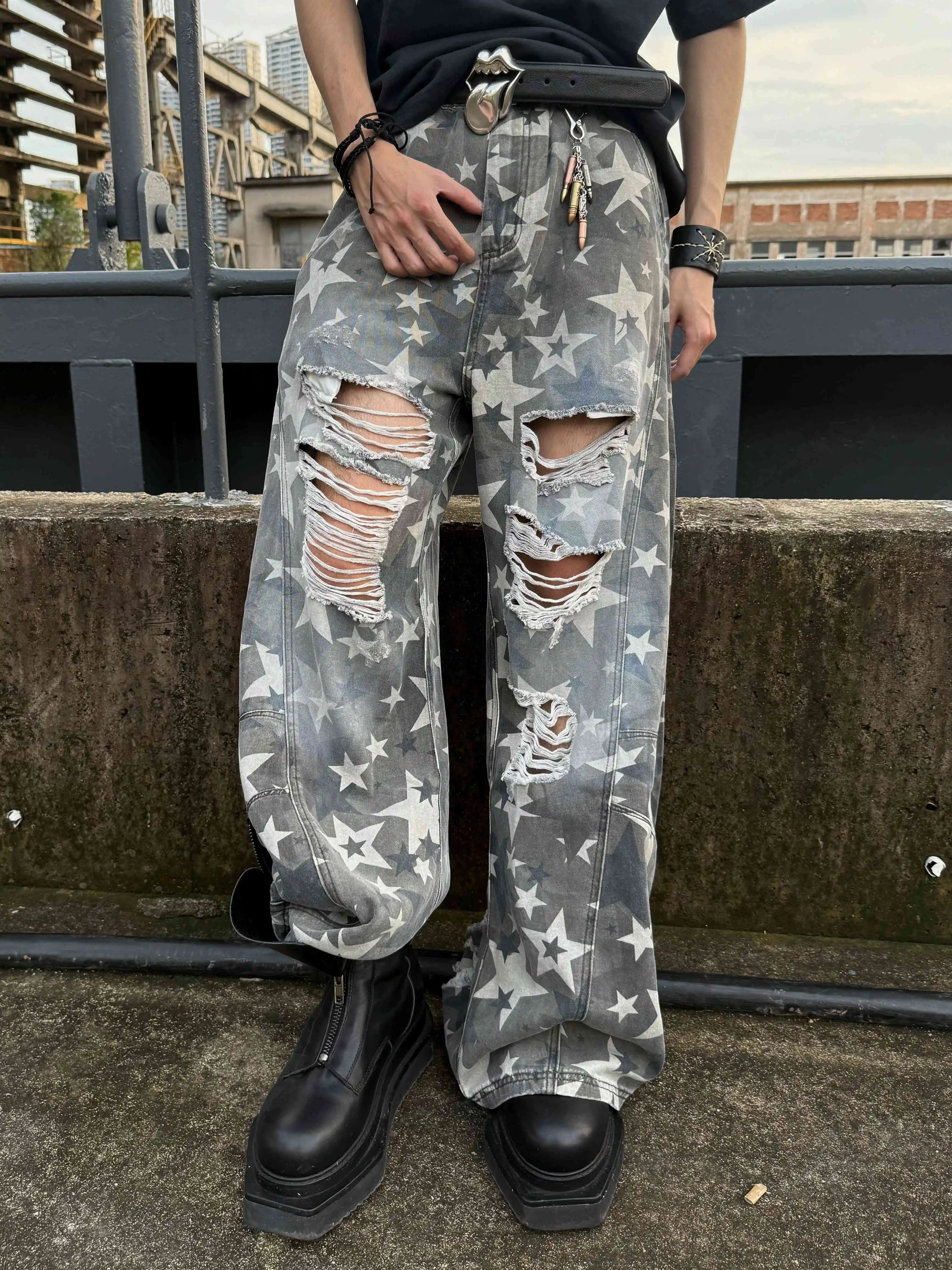

Женские винтажные синие рваные джинсы с высокой талией, уличная одежда, широкие джинсовые брюки с принтом звезд, уличные прямые мешковатые брюки