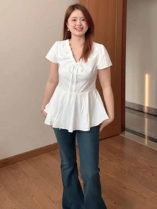 

Летний топ больших размеров с V-образным вырезом, плиссированный, с рукавами-фонариками, универсальный, модный, для полных женщин, в корейском стиле, для повседневной носки, ветрозащитный.