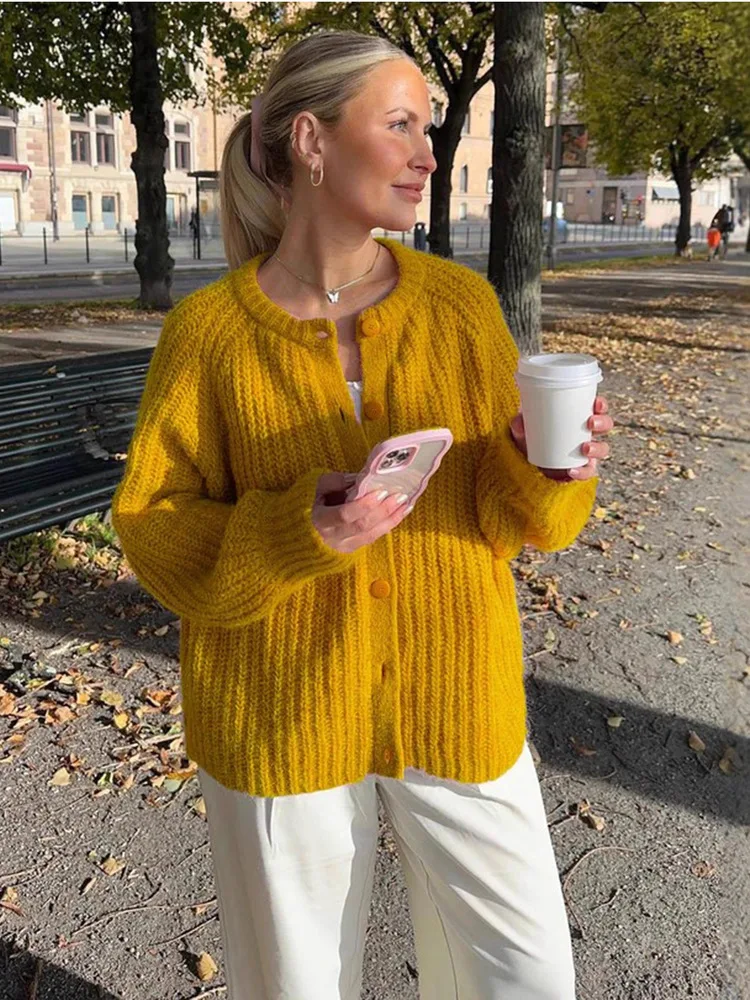 

New In 2025 Women Autumn Winter Elegant Solid Color Round Neck Cardigan Female Casual Knitted Sweater Coats