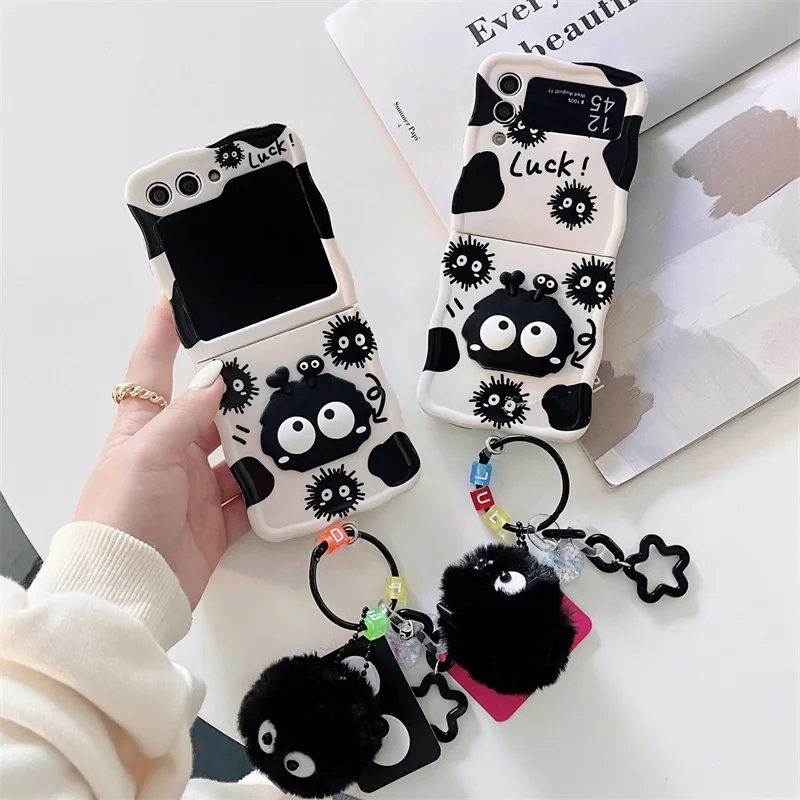 Cartoon Big Eyed Coal Ball Elf Phone Case for Samsung Galaxy ZFlip5 4 3 Hard Cover for ZFlip5 Flip3 Zflip4 Solid Shell Bracket